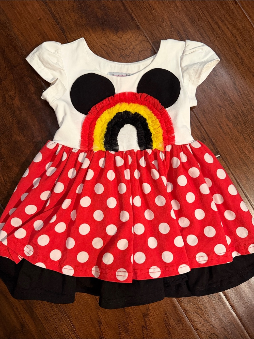 Girls Red Polka Dot Rainbow Applique Party Dress
